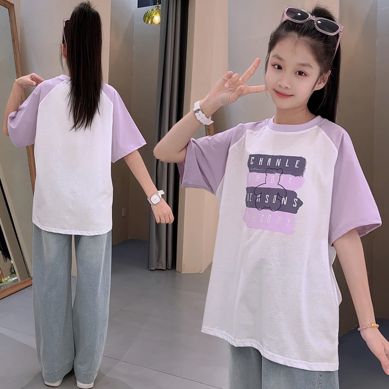 2025女童短袖T恤中大童夏季宽松圆领洋气休闲时尚上衣牛仔裤套装