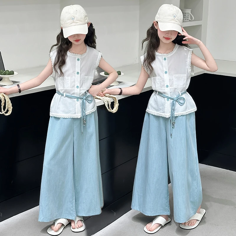 女童无袖套装夏季2025新款女孩大童韩系高级感夏装阔腿裤两件套潮