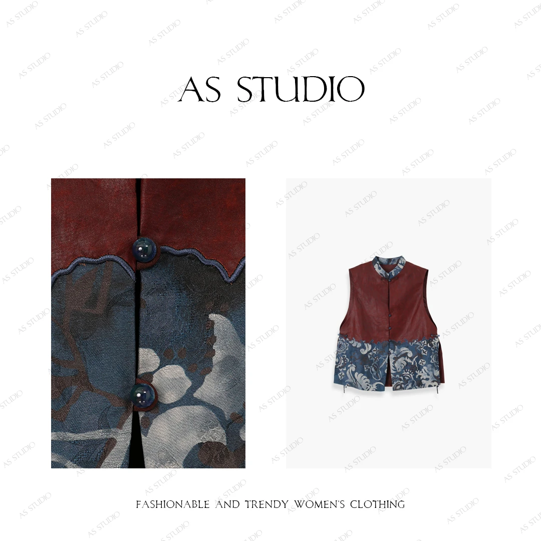 【AS青花瓷】25新非遗新中式香云纱国风印花拼接马甲AS25XXS01174