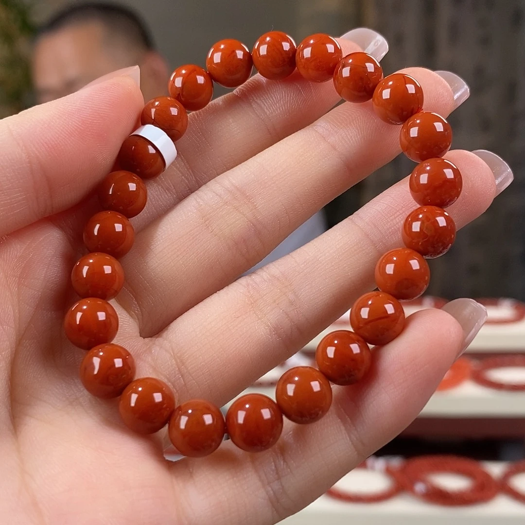 南红玛瑙未镶嵌手串原矿8mm 柿子红瓦西满肉稀有
