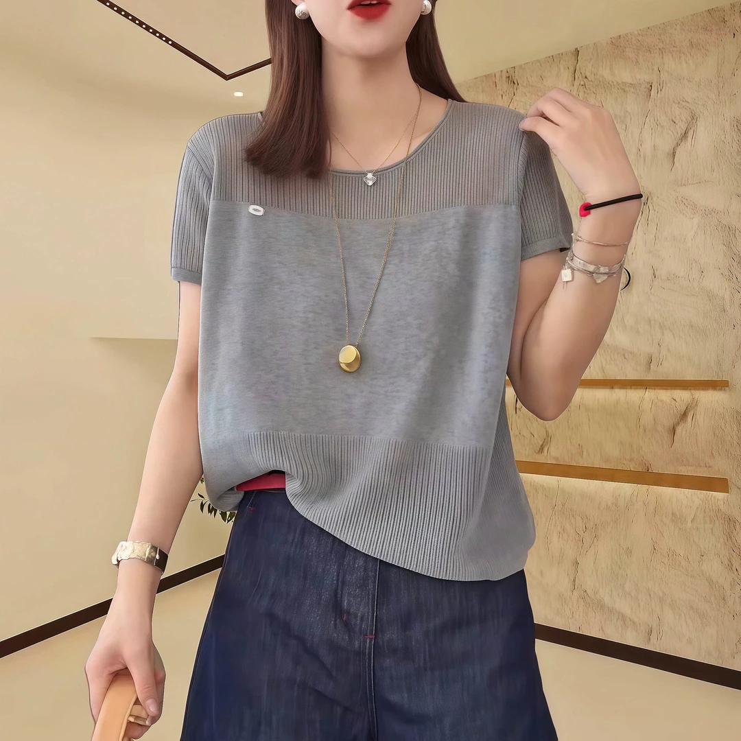 夏季新款短袖针织衫女休闲纯色百搭显瘦宽松洋气时尚薄款上衣T恤