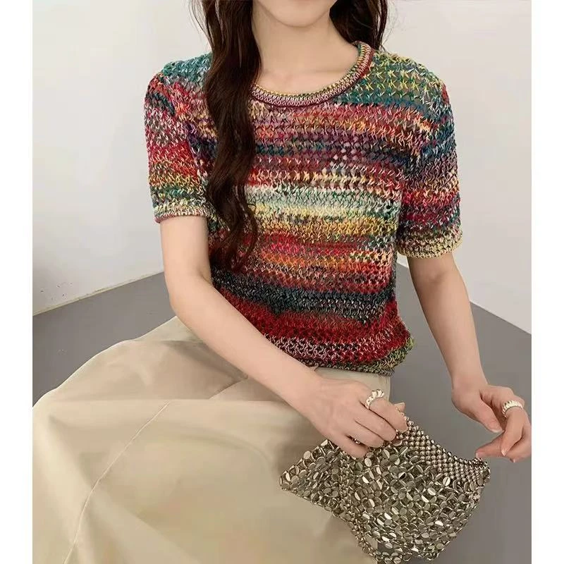 镂空设计渐变圆领短袖女巴厘岛梦彩虹撞色复古上衣针织休闲夏季