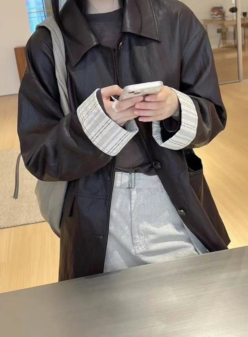 【HDH】早春宽松中长款皮西装外套