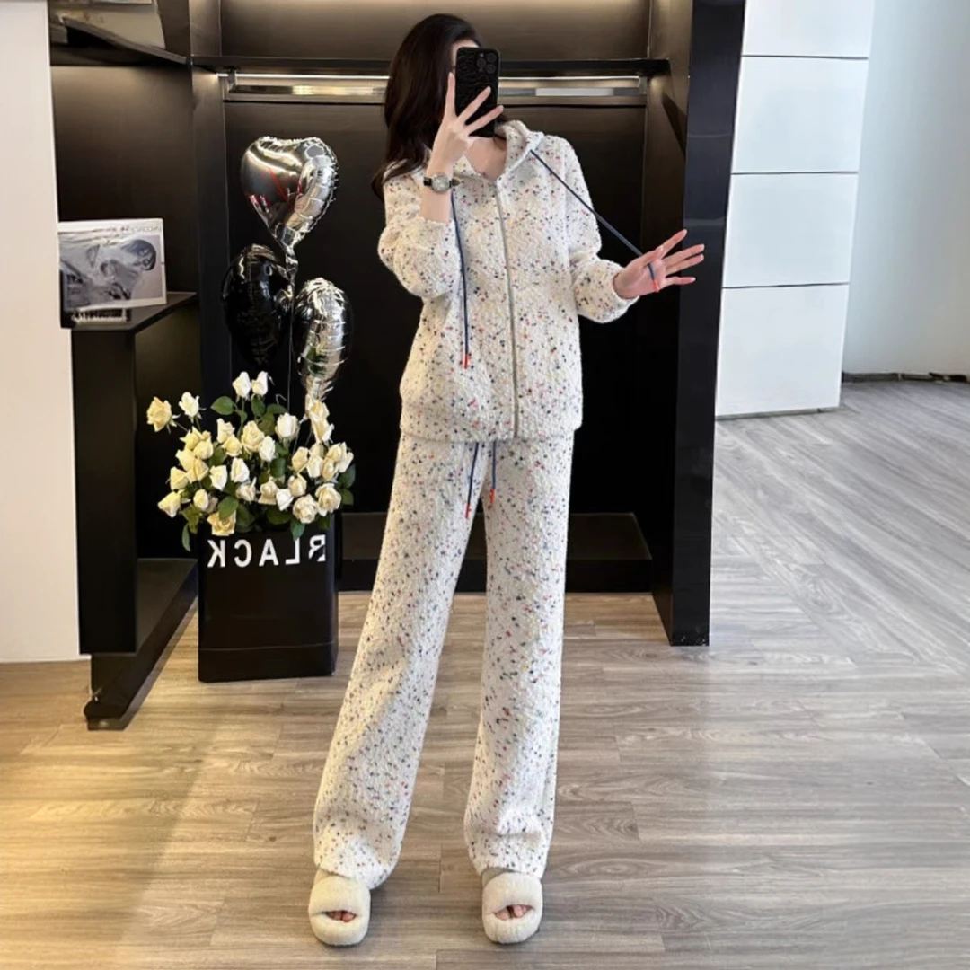 2025新款纯色彩点休闲运动套装女慵懒风松弛感卫衣阔腿裤两件套潮