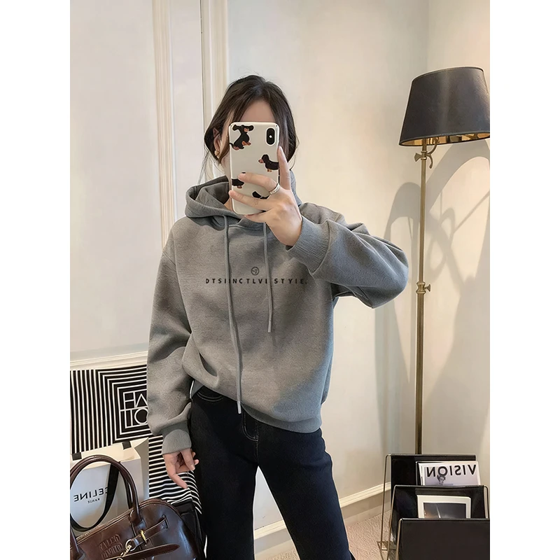 2025秋冬新款设计感小众加绒加厚套头连帽卫衣女短款宽松韩版外套