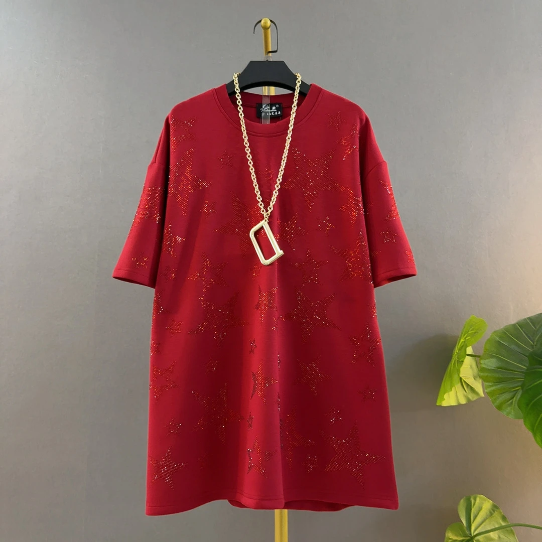 圆领女宽松型烫钻五角星中长款大码T恤短袖镶钻胖mm遮肚苹果型