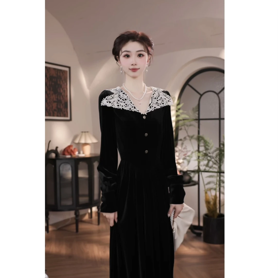 薇宝儿-婷婷【多瑙河夜】秋冬新款高腰设计感丝绒显瘦连衣裙-59152K