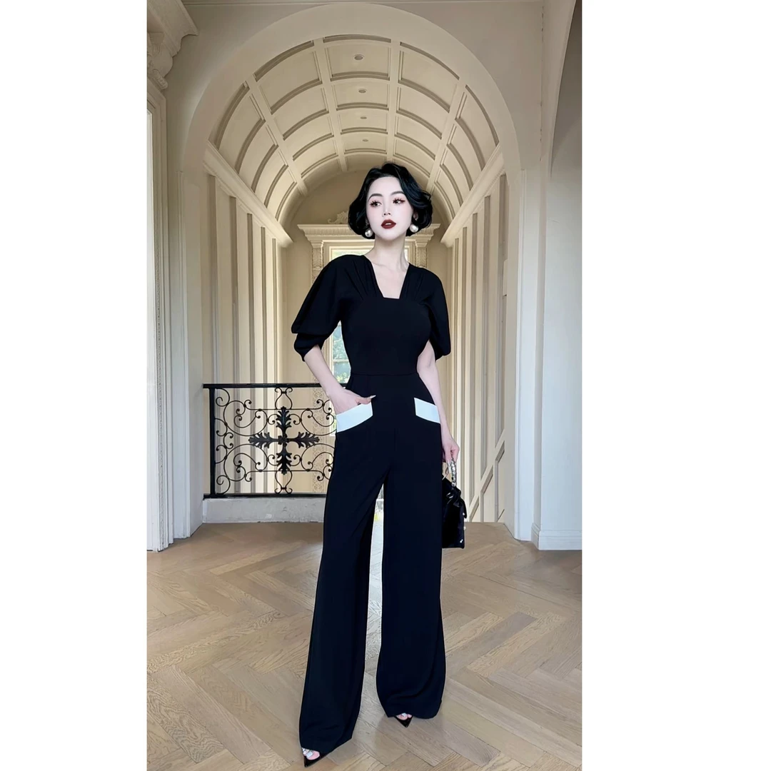 LYXJ【摩登黑白】TR高级撞色设计师复古黑白撞色设计连体裤12000