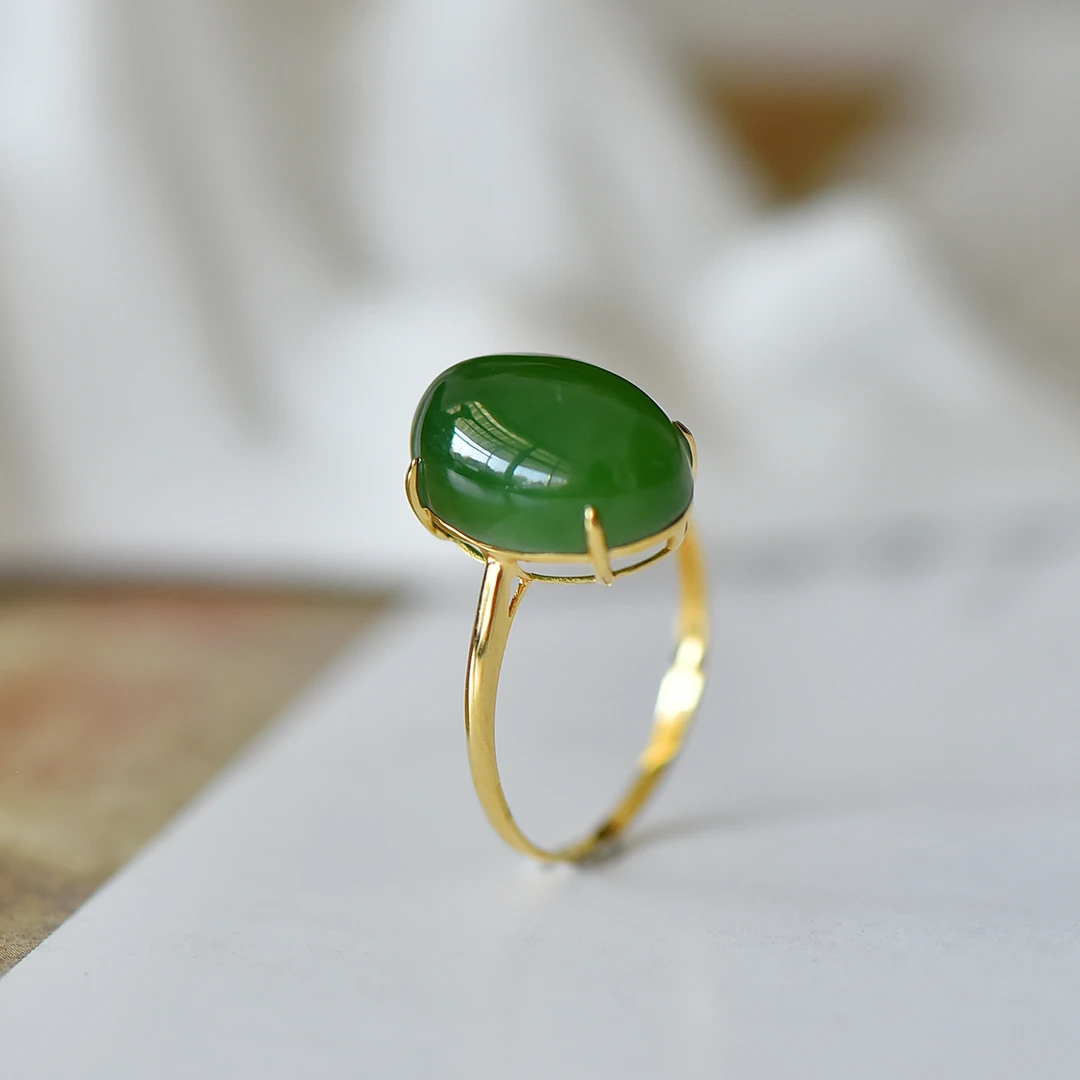 凌云阁18K金天然和田玉碧玉戒指蛋面尺寸14*10mm