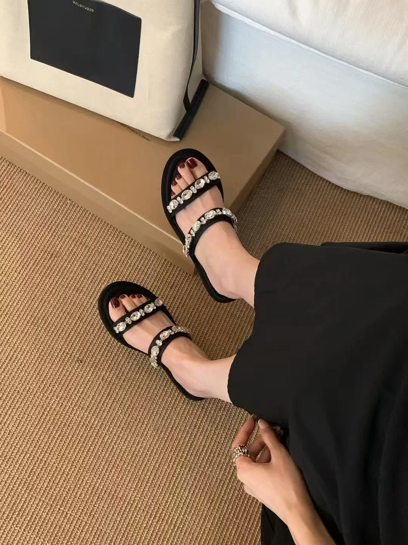 薄款平底高跟夏季水钻低跟一字拖法式厚底外穿夹趾小众鞋子