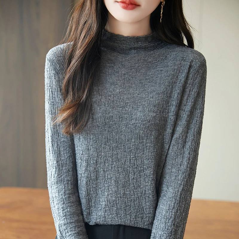 春秋新款半高领精纺女立体褶皱毛衣宽松长袖针织打底上衣