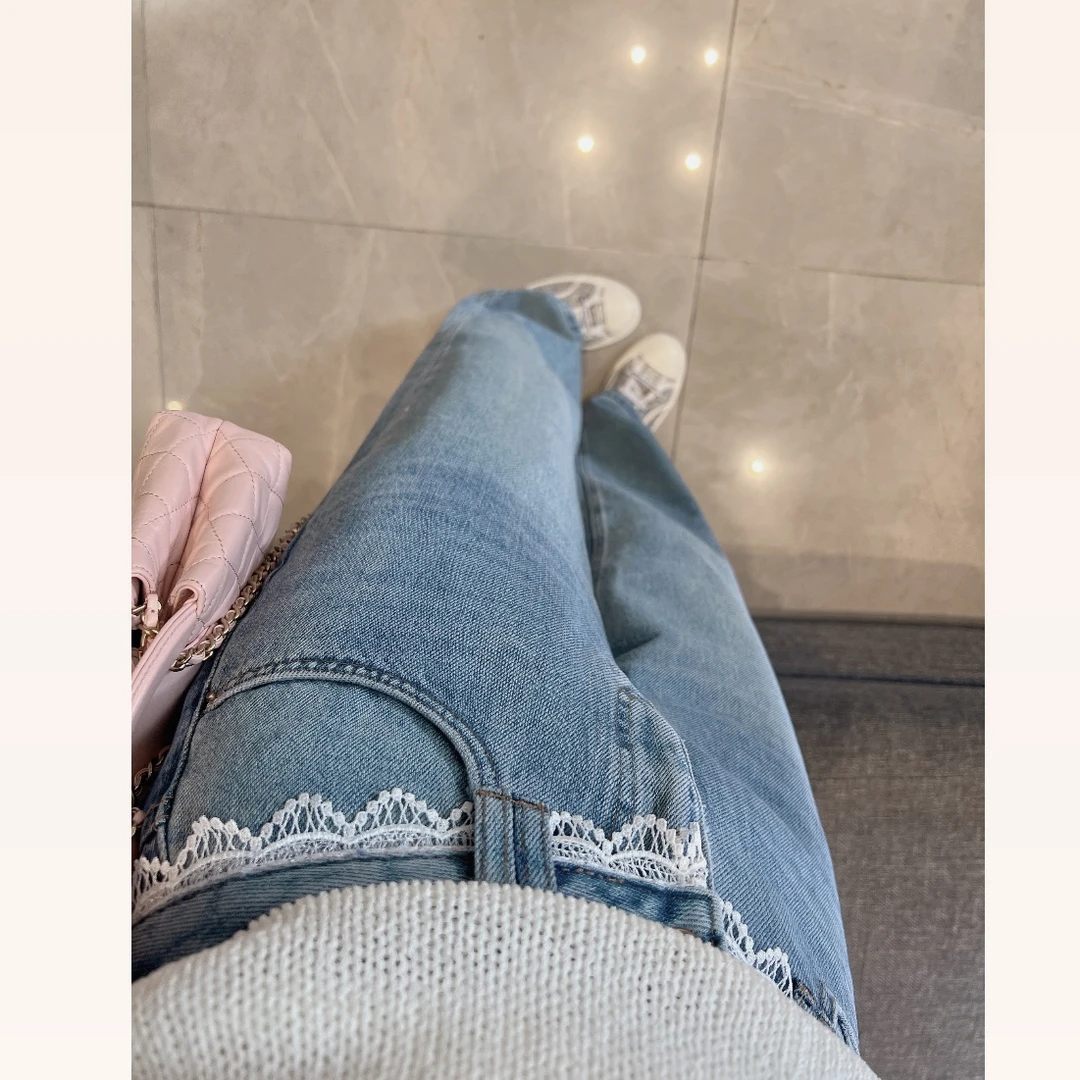 【大静静】“白色蕾丝边”浅蓝色牛仔裤DJJ2190