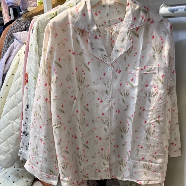 春夏新款女式竹节棉莱赛尔翻领开衫印花长袖睡衣家居服套装