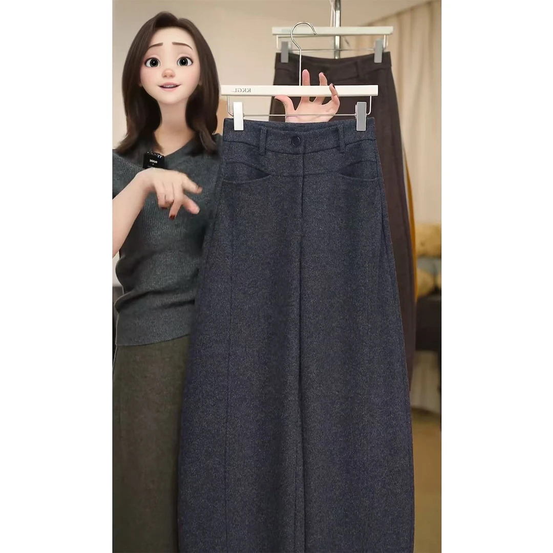 气质高端羊毛呢休闲弯刀裤女2025年秋冬新款高腰显瘦宽松阔腿裤子