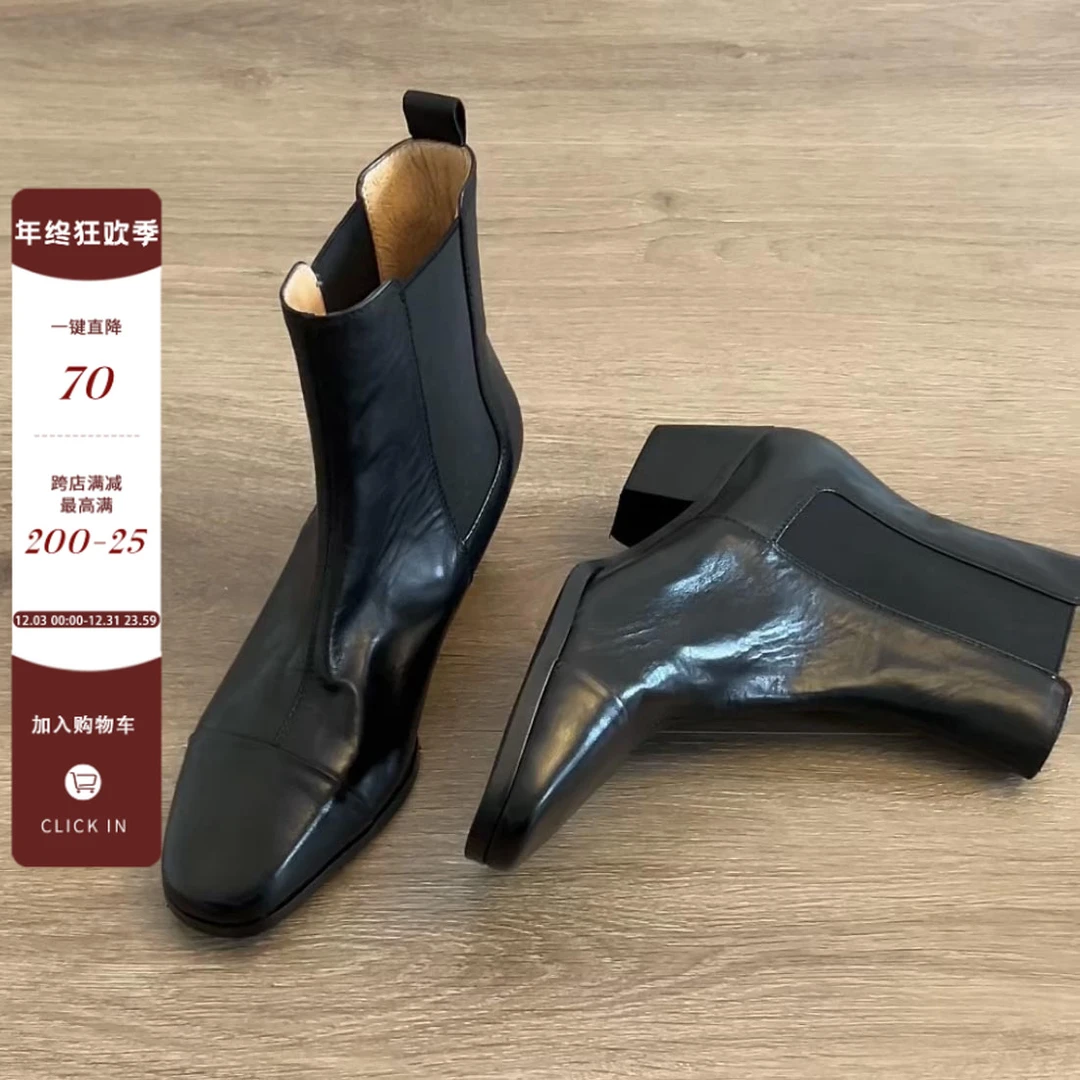 Dannyfrey法式方头粗跟女短靴女士单靴秋冬秋季靴子时装靴高跟