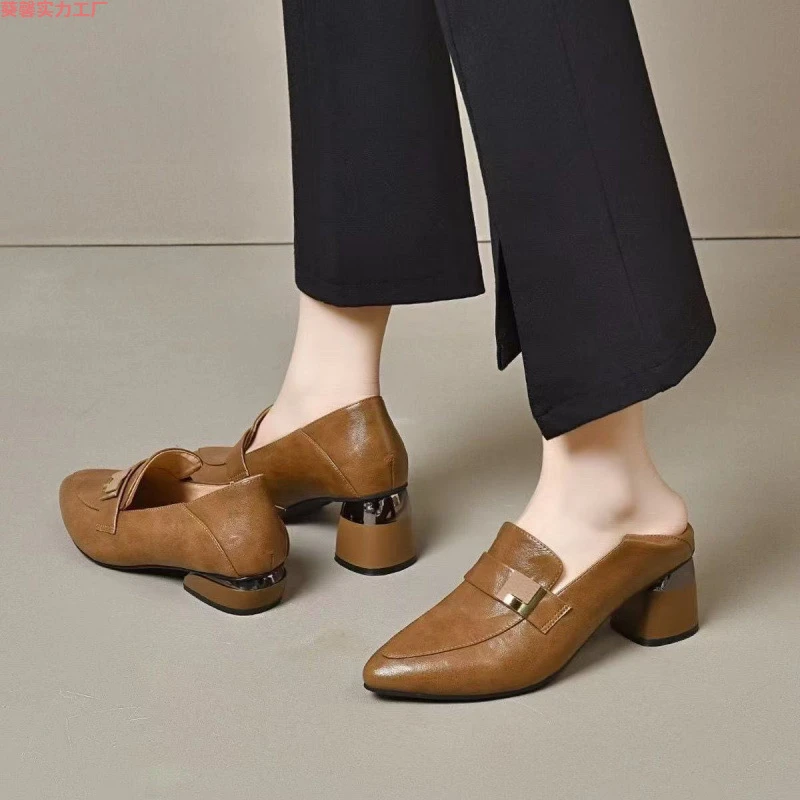 夏季新款时尚百搭复古女深口单鞋英伦风中跟乐福鞋手抓纹尖头浅口