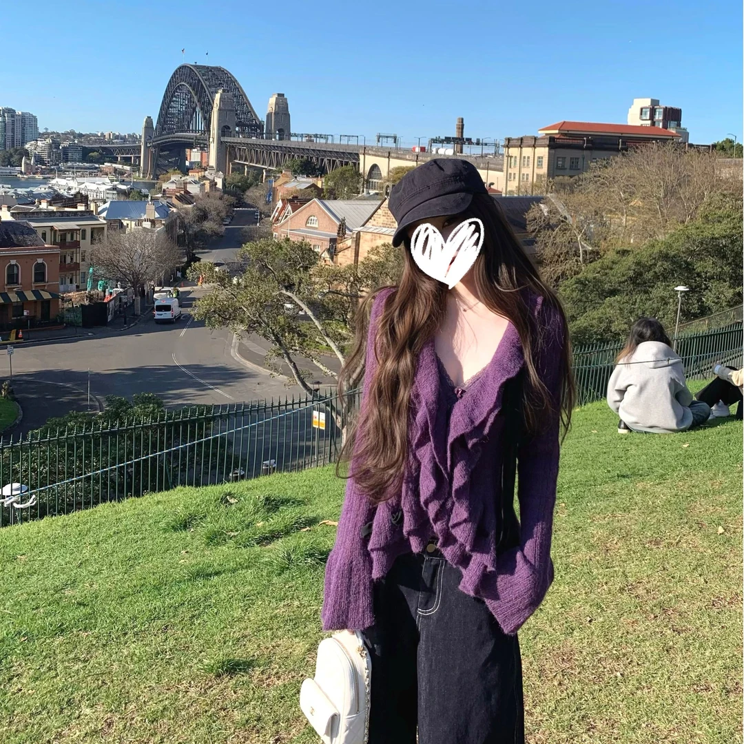 伊顿美神 纯欲荷叶领马海毛长袖毛衣开衫磨毛针织吊带两件套装女