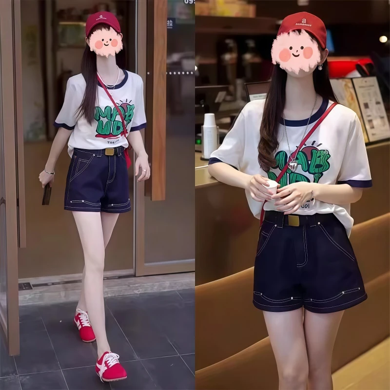 夏季新款时尚洋气仙人掌提花短袖T恤女韩版简约舒适百搭针织衫INS