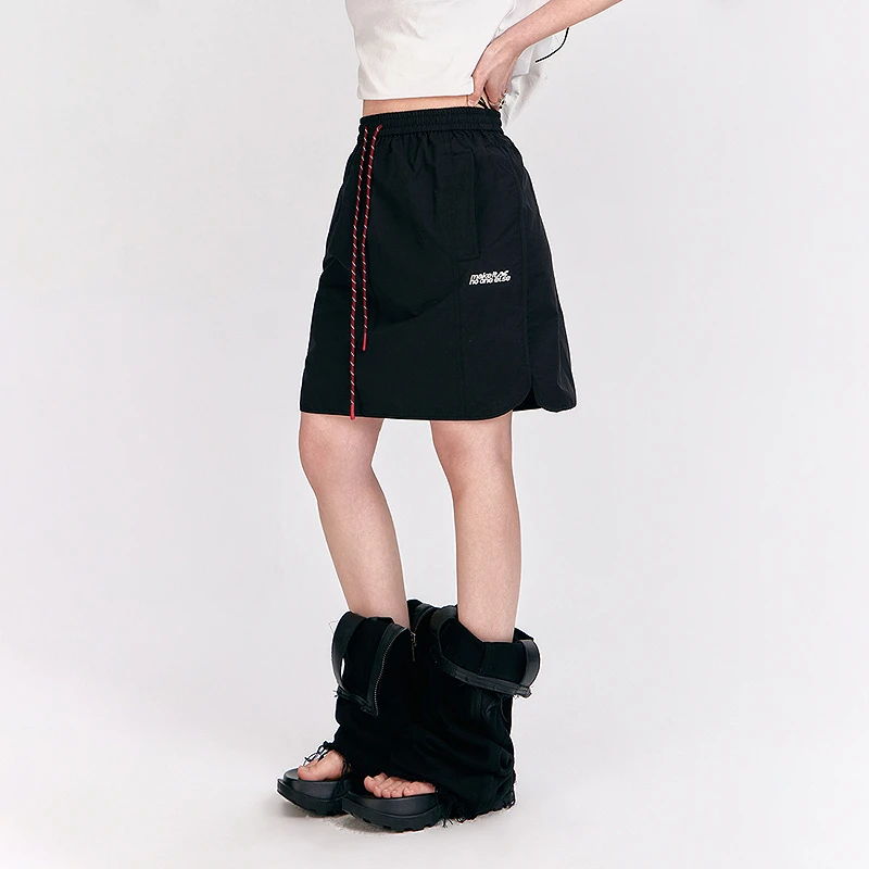 NO ONE ELSE美式复古女装高腰夏季字母绣花口袋a字短裙抽绳半身裙