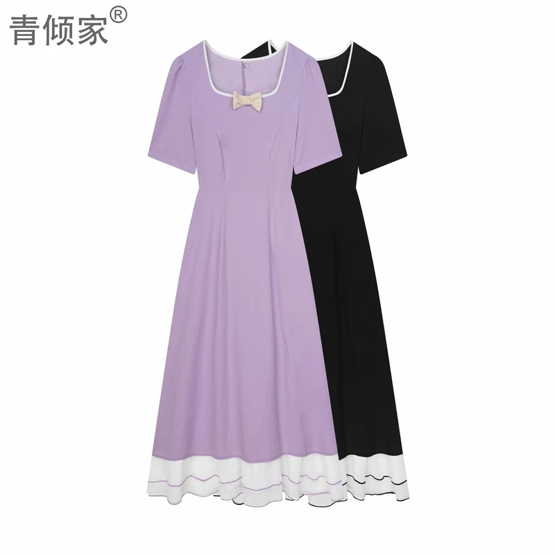 青倾家【紫雾海岸】夏季胖mm显瘦垂感法式茶歇风收腰蝴蝶结连衣裙