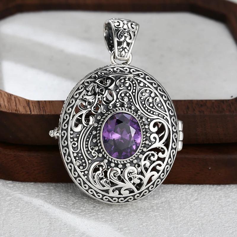 吊坠925银 唐草纹紫锆盒子吊坠 百搭项链流行挂坠