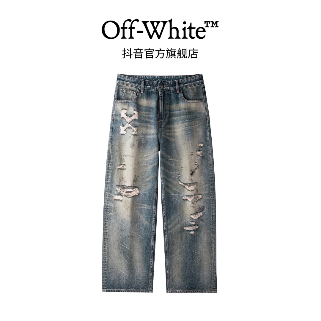 OFF-WHITESS26美式水洗做旧箭头破洞轻奢牛仔裤OFFJNGDEN197Q