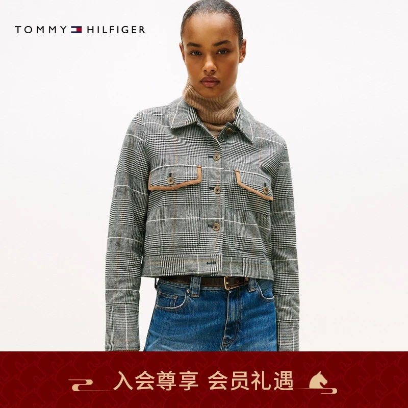 Tommy25新款秋冬女装休闲通勤纽扣衬衫翻领千鸟格单夹克外套06026