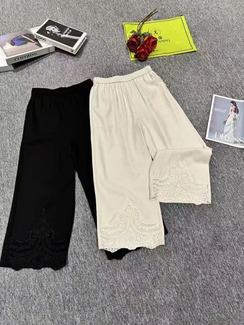 【冲姐】夏季时髦百搭纯色蕾丝边设计感宽松大码九分阔腿裤8860#