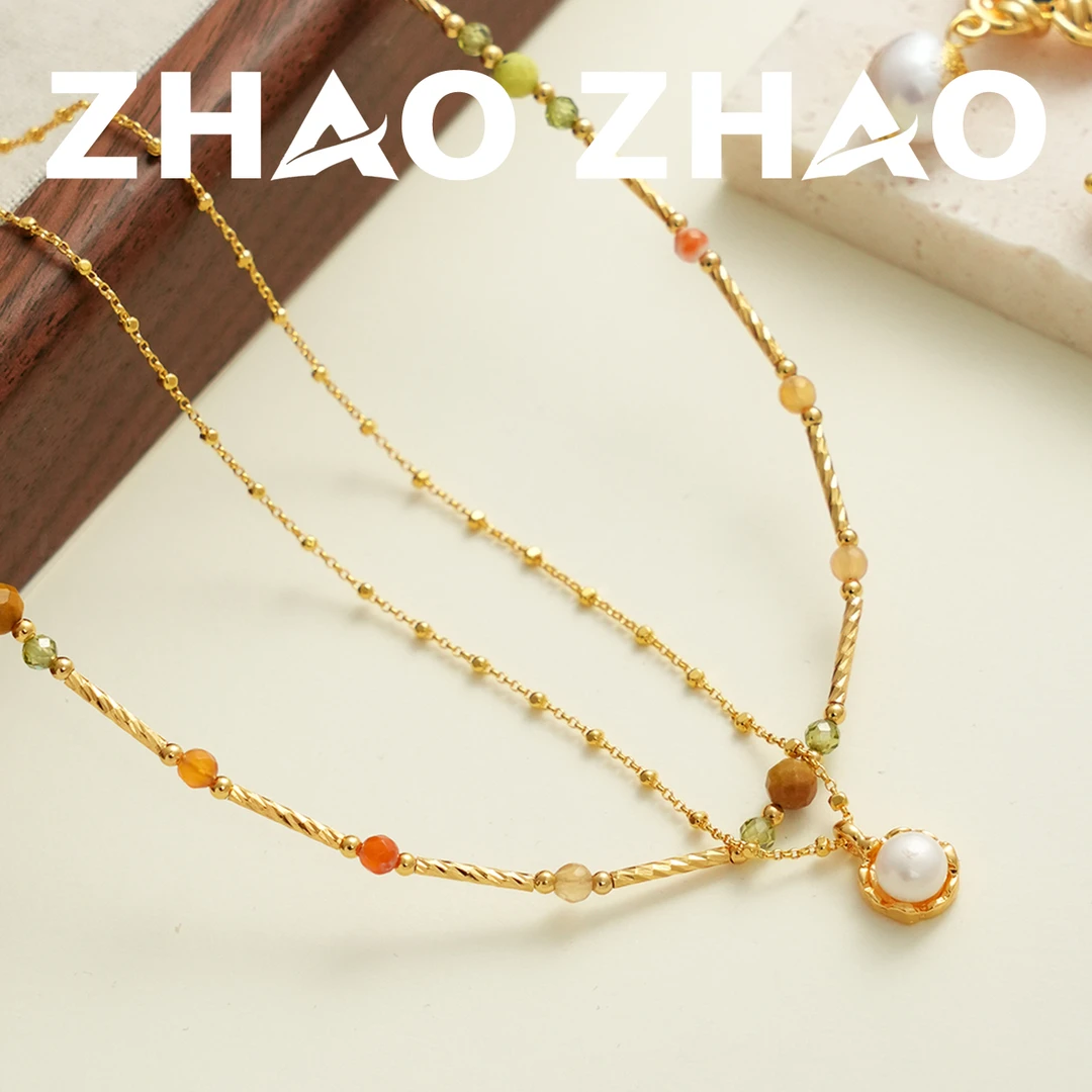 铜合金吊坠 「江边映日」春款手工串珠撞色设计双层ins风项链