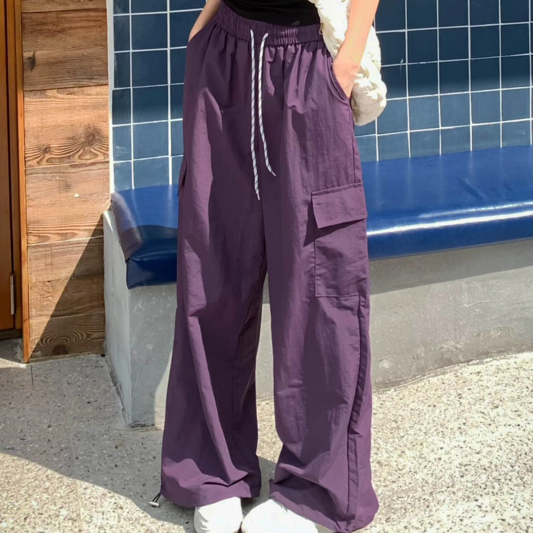 （现货+运费险）阔腿裤休闲裤紫色运动裤夏季高腰工装裤透气口袋