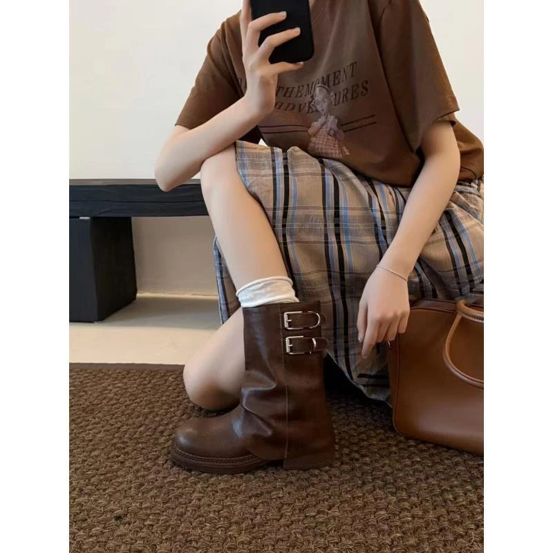 XMM.【套筒中靴】时尚百搭潮流粗跟厚底英伦风中筒圆头瘦瘦J25230-6