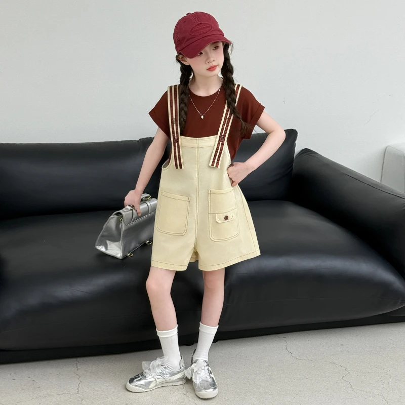 女童背带裤套装2025夏季新款时尚洋气超好看的儿童短袖短裤两件套