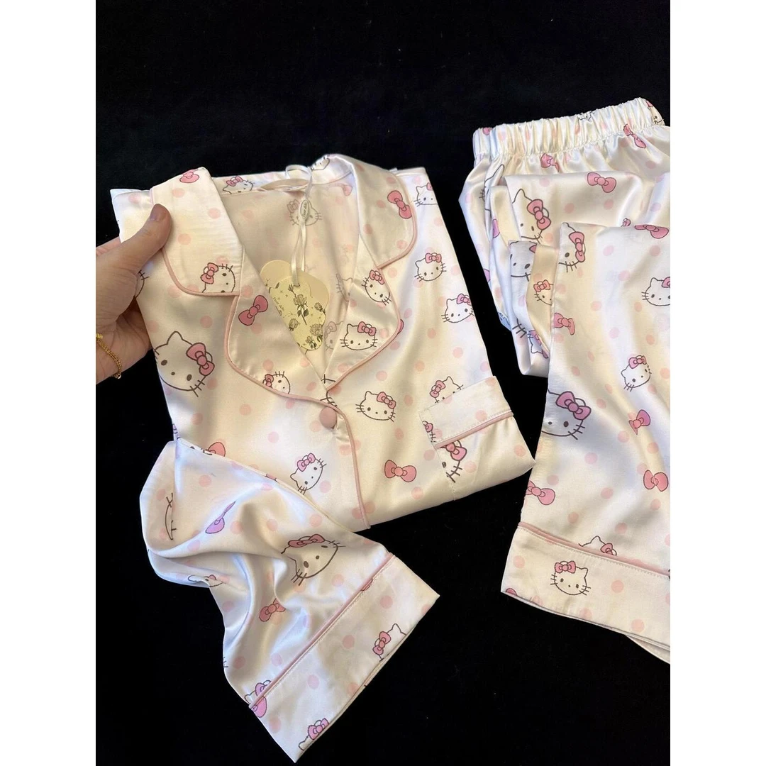 【甜美Kitty】睡衣女2025年早春新款法式舒适冰丝长袖家居服套装