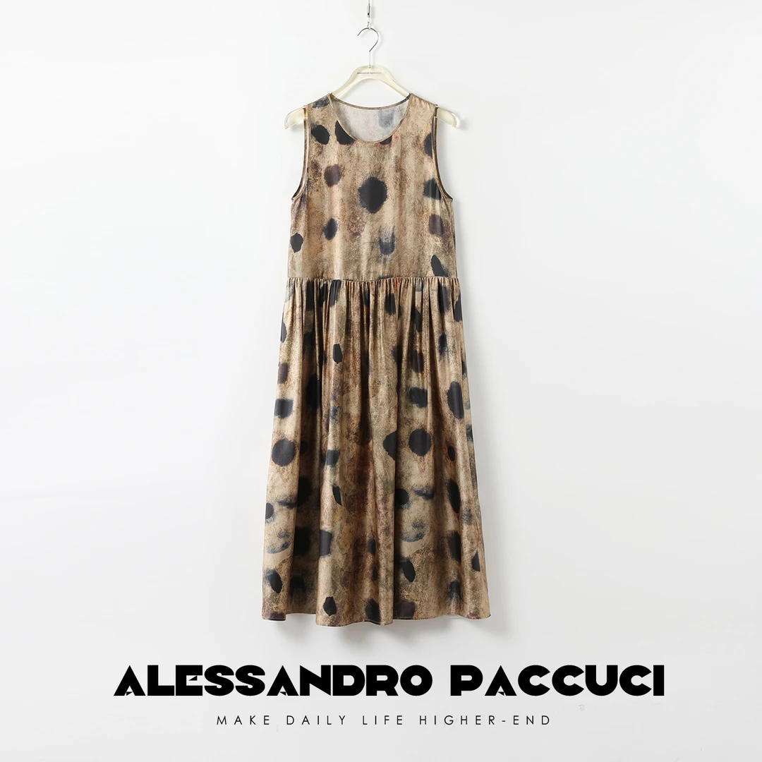 AP洛哥42016LL黑标/100桑蚕丝圆领圆点宽松诧寂风气质无袖连衣裙