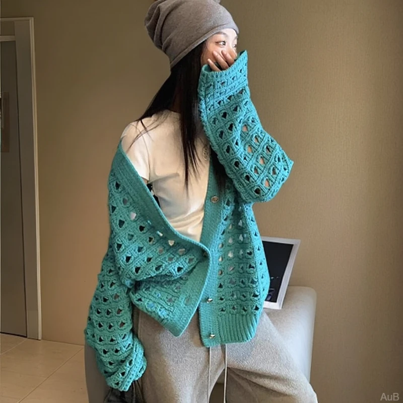 慵懒风针织衫外套女2025春季新款设计感镂空毛衣宽松百搭开衫上衣