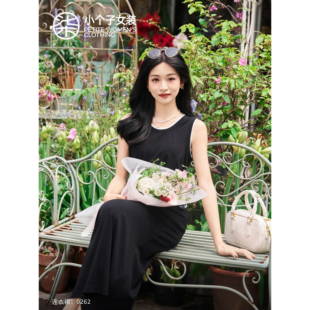 【柒量一裁】0262小个子黑色背心连衣裙莱赛尔柔软顺滑无袖撞色裙子