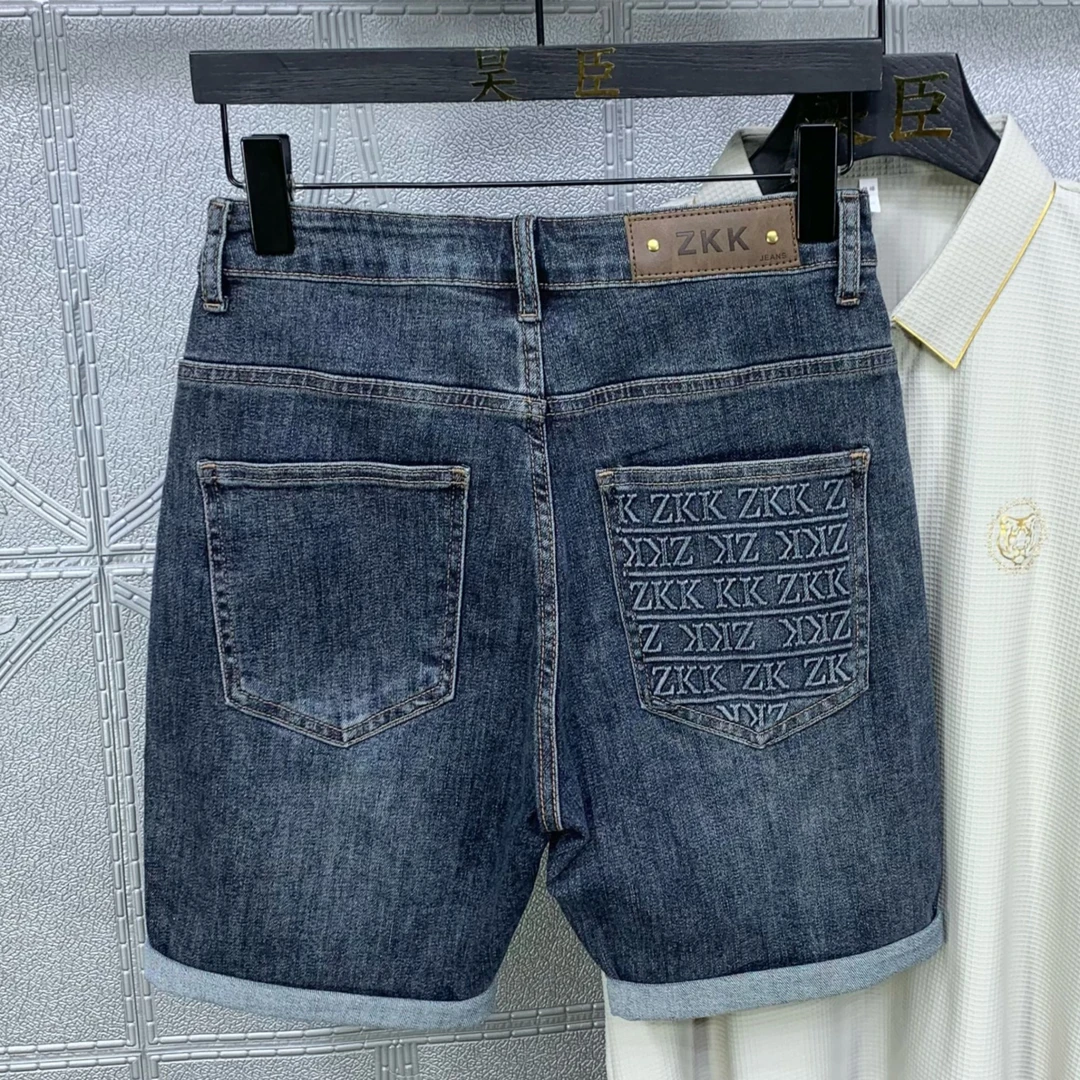 美式印花牛仔短裤男夏季爆款高端潮流复古百搭修身蓝灰色五分中裤