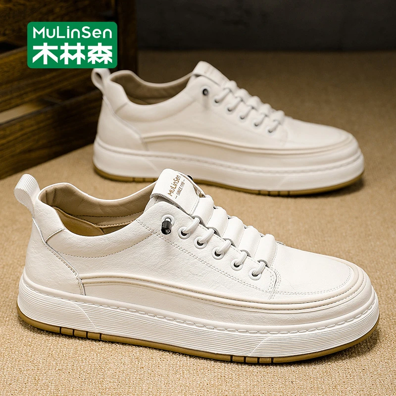 木林森板鞋男款2025新款秋季透气运动休闲百搭厚底增高男士小白鞋