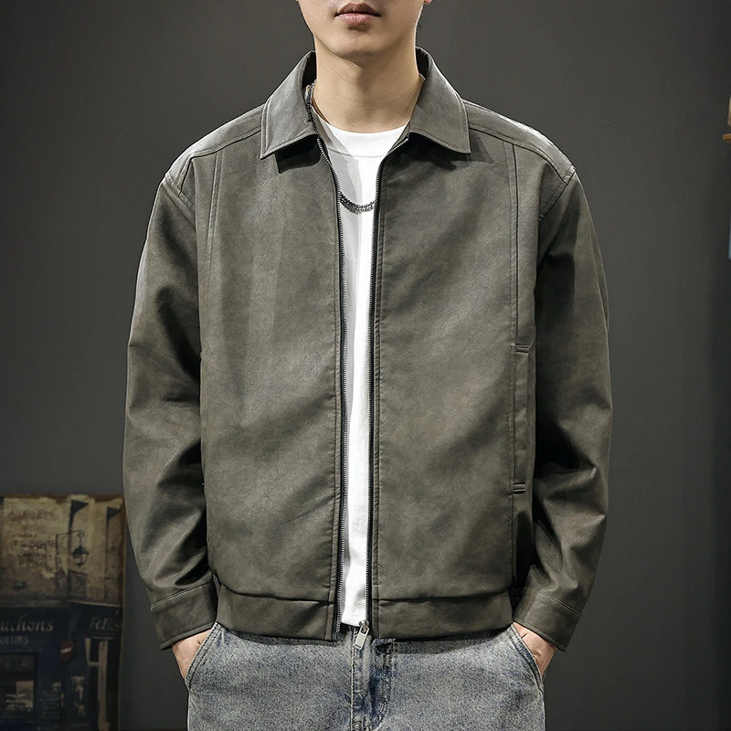 美式复古做旧机车风工装皮衣男秋季新款宽松立领长袖PU皮夹克外套