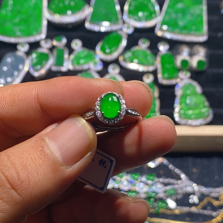 翡翠戒指银S925镶嵌天然A货翡翠
