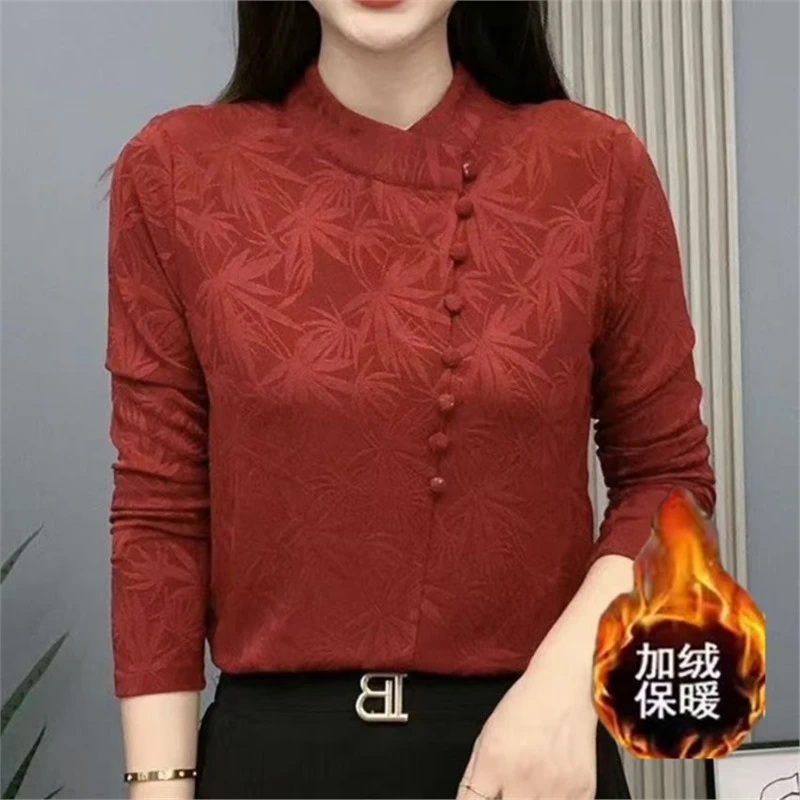 秋季新款长袖T恤妈妈装提花新中式复古显瘦上衣减龄