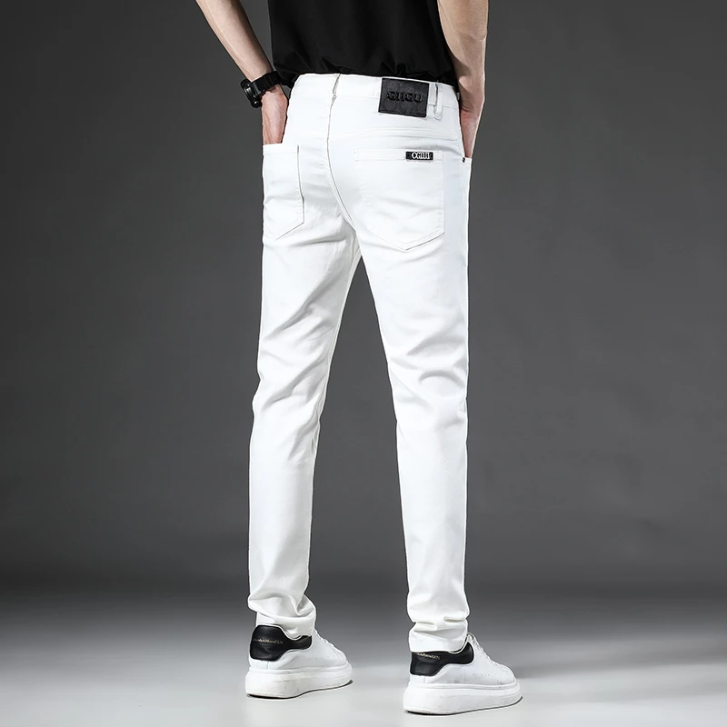 泰维肯戈春秋新款纯白色修身小脚弹力牛仔裤男士显瘦弹性长裤
