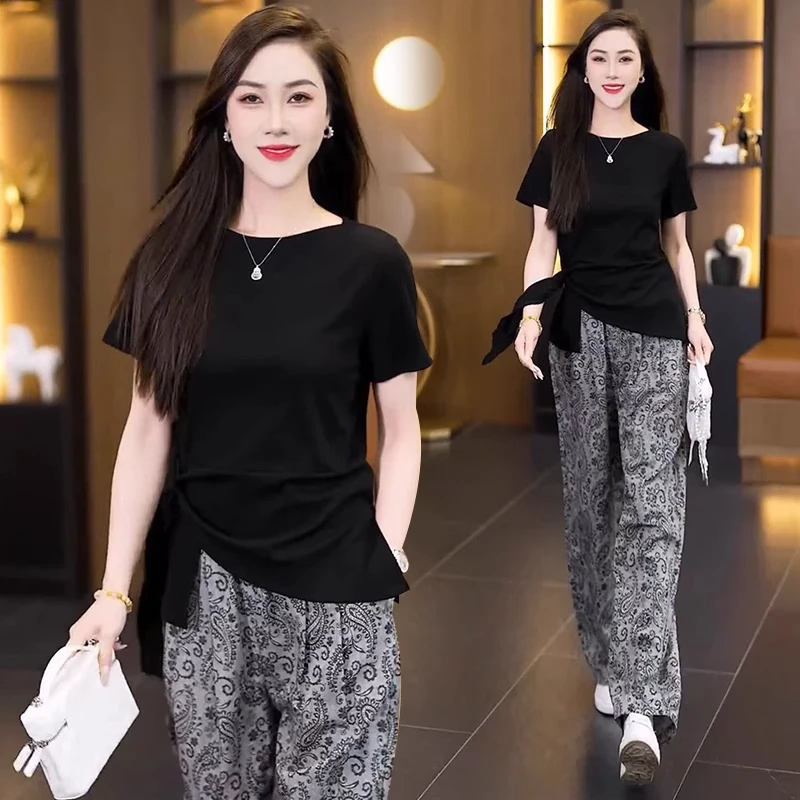 时尚洋气不规则圆领短袖提花阔腿裤两件套女夏季新款遮肉显瘦套装