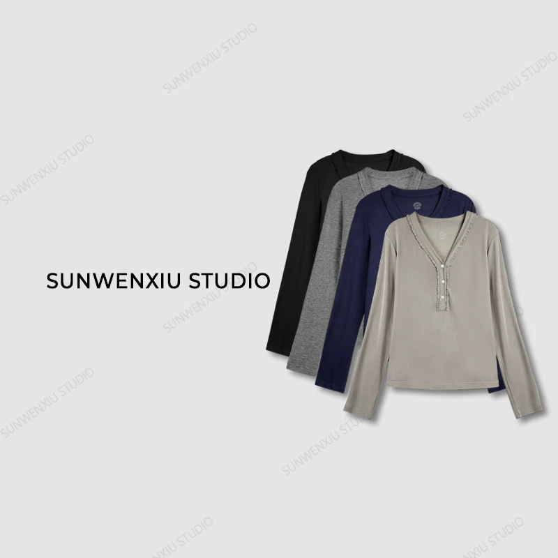 swx studio2店 “第二层肌肤”100%莱赛尔天丝v领纯欲长袖T恤