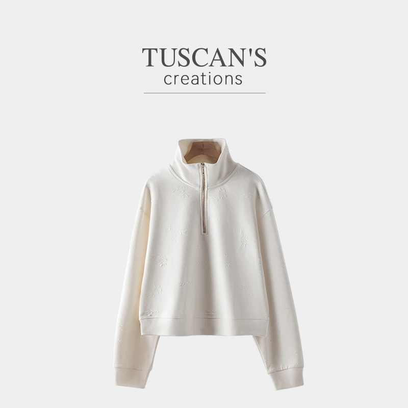 TUSCAN'S CREATIONS新款简约百搭纯色立领翻领短款女士休闲卫衣