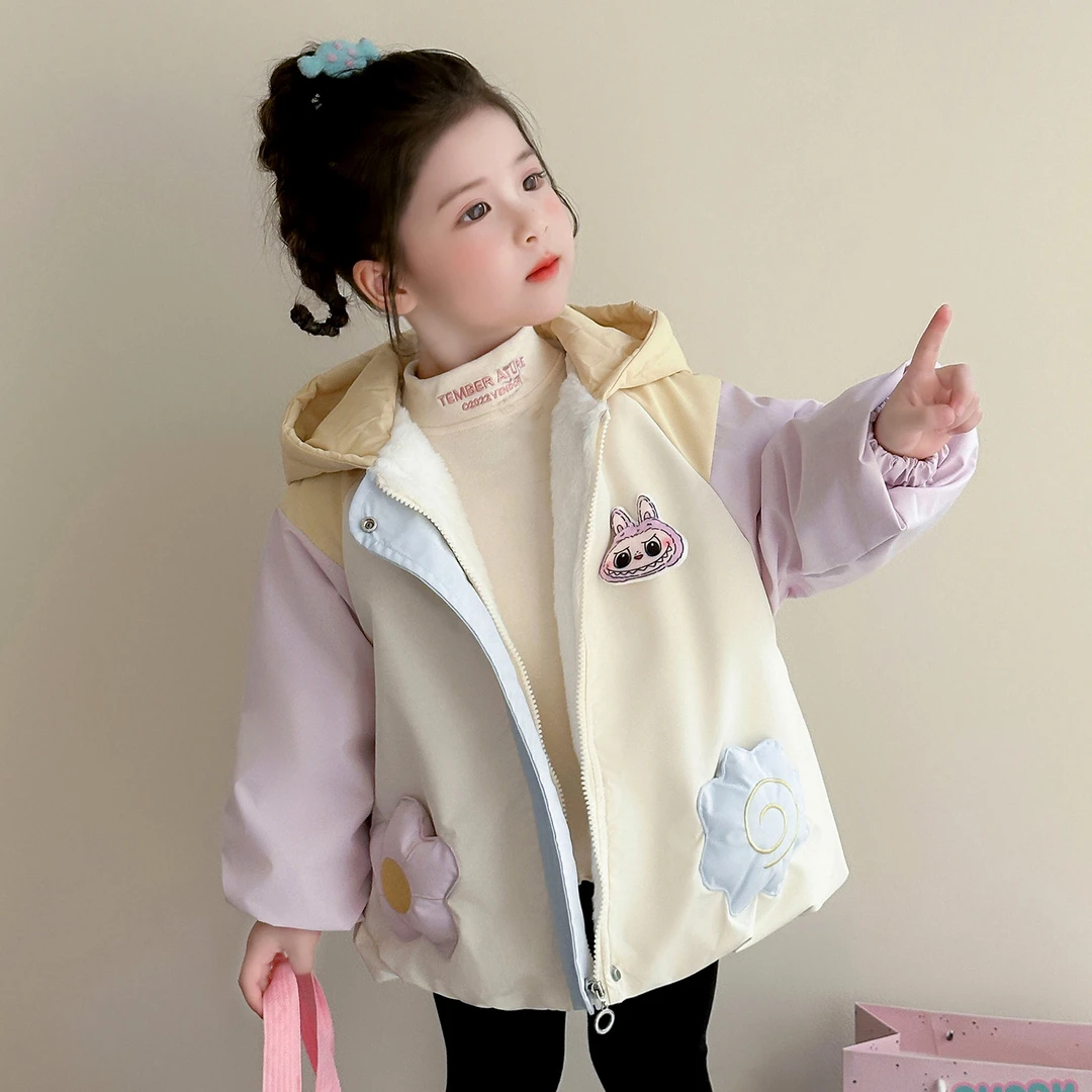 拉布布女童加绒外套秋冬2025新款洋气宝宝冲锋衣加厚儿童冬季棉服