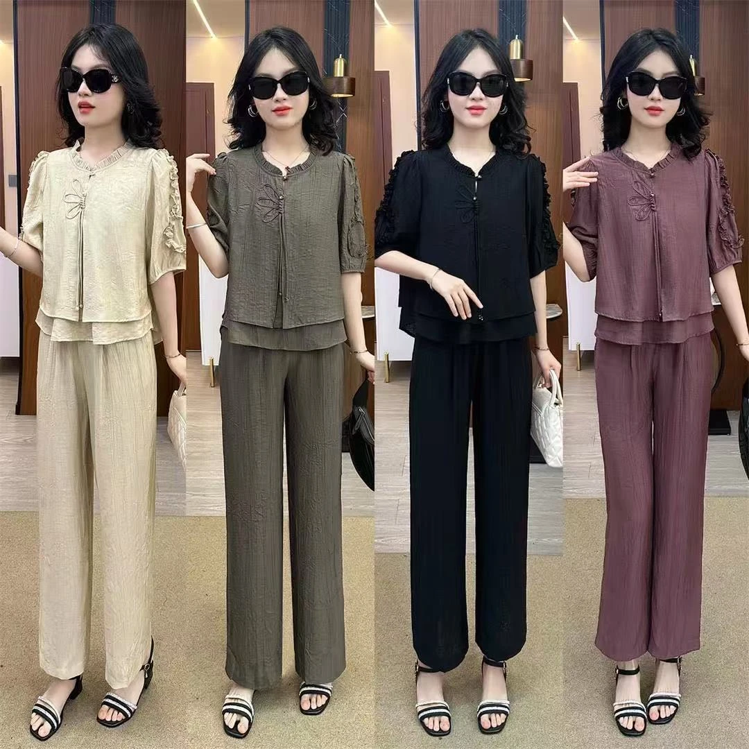 时尚套装女2025夏季新款洋气遮肉显瘦假两件短袖上衣阔腿裤两件套