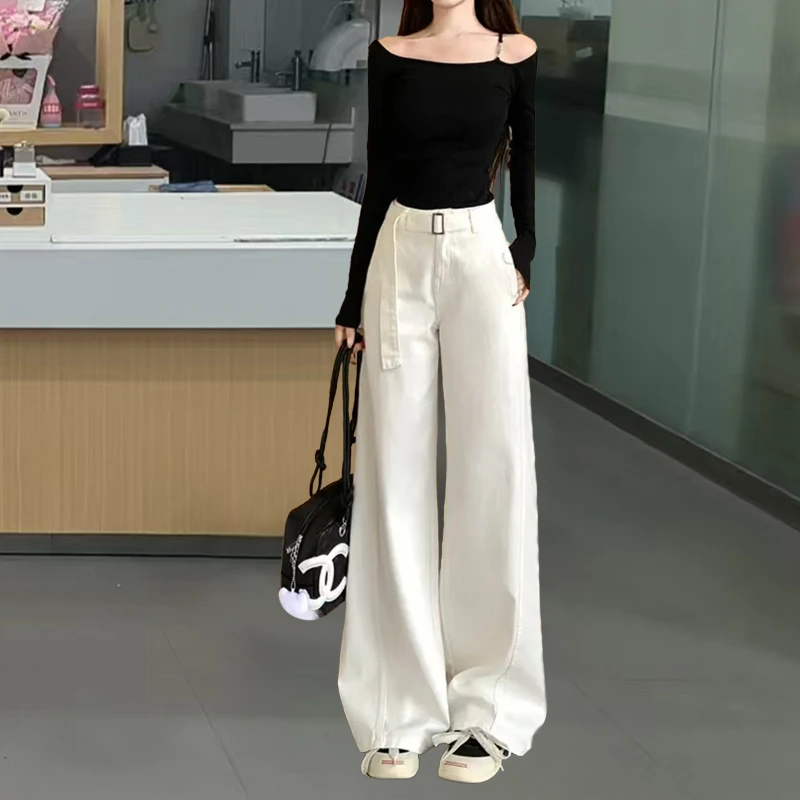 设计感腰带白色高腰阔腿裤女2025春夏款宽松百搭垂顺长裤蛮腰纪