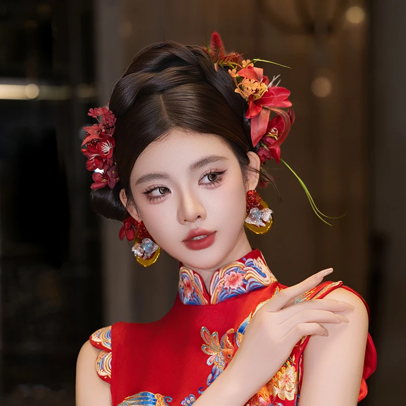 非金属布艺婚庆饰品 新娘复古红色花朵气质国风结婚发饰品MC3101