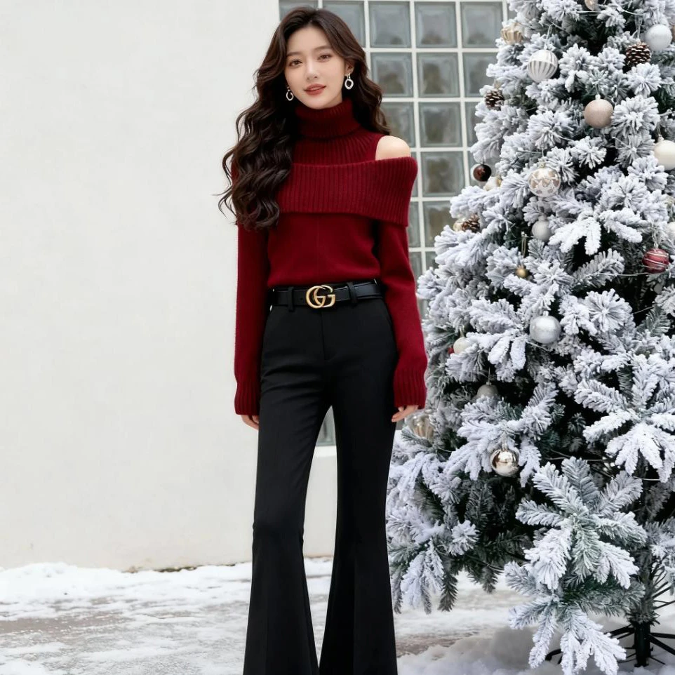圣诞节新年穿搭一整套秋冬季女时尚百搭高端时髦洋气针织衫直筒裤